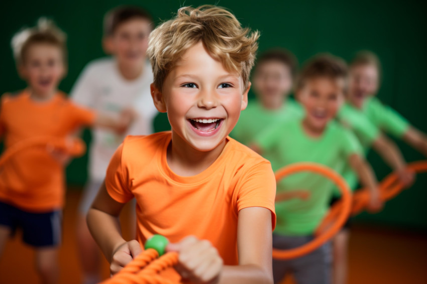 A picture of happy children wearing gym clothes pulling on a rope in a gym A picture of happy children wearing gym clothes pulling on a rope in a gym
