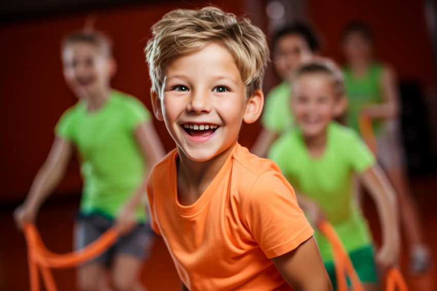 A picture of happy children wearing gym clothes pulling on a rope in a gym A picture of happy children wearing gym clothes pulling on a rope in a gym