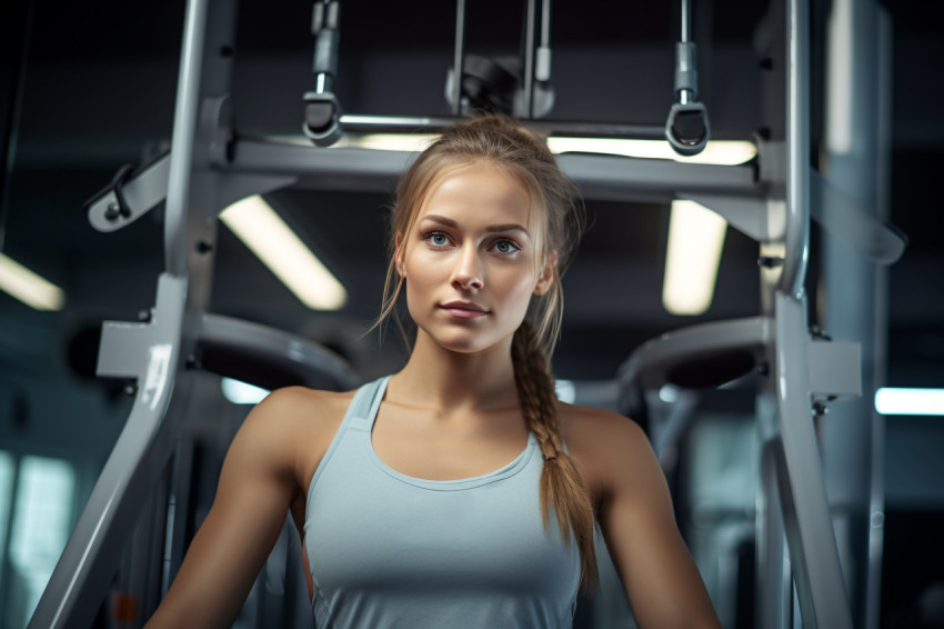 A photo of a beautiful young woman working out on special sports equipment in a gym A photo of a beautiful young woman working out on special sports equipment in a gym