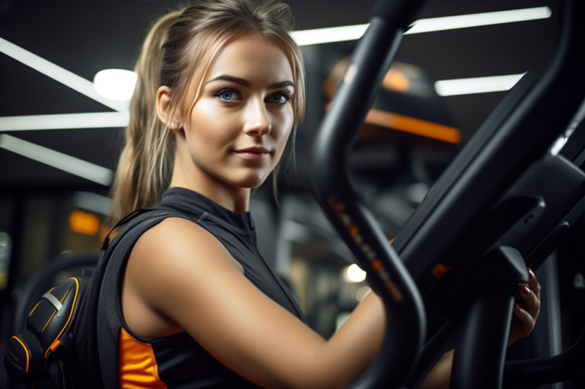 A photo of a beautiful young woman working out on special sports equipment in a gym A photo of a beautiful young woman working out on special sports equipment in a gym