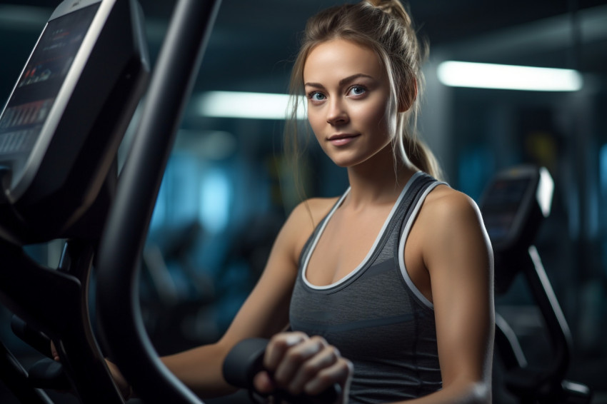 A photo of a beautiful young woman working out on special sports equipment in a gym A photo of a beautiful young woman working out on special sports equipment in a gym
