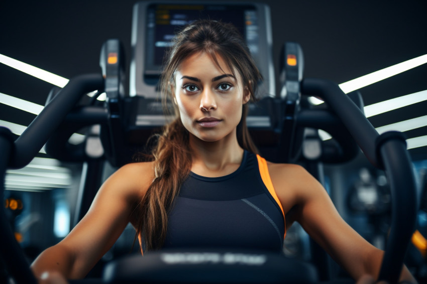 A photo of a beautiful young woman working out on special sports equipment in a gym A photo of a beautiful young woman working out on special sports equipment in a gym