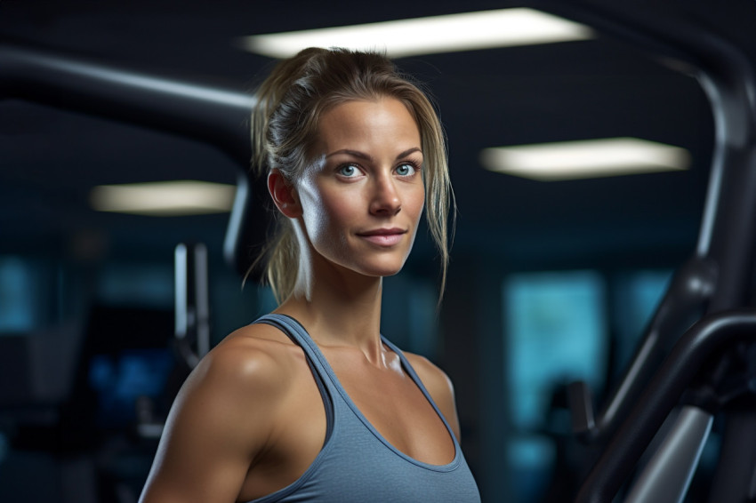 A close up photo of a fit and attractive woman in a gym