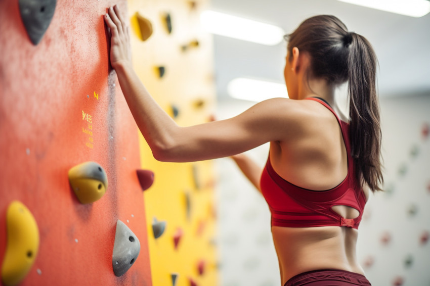 A close up photo of a young womans hand as she climbs a rock wall in a gym A close up photo of a young womans hand as she climbs a rock wall in a gym