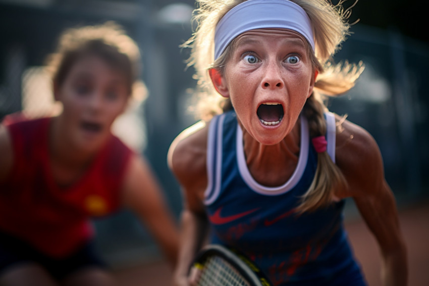 A photo of a happy young girl playing pickleball with her old female partner in a friendly two on two match on a small A photo of a happy young girl playing pickleball with her old female partner in a friendly two on two match on a small