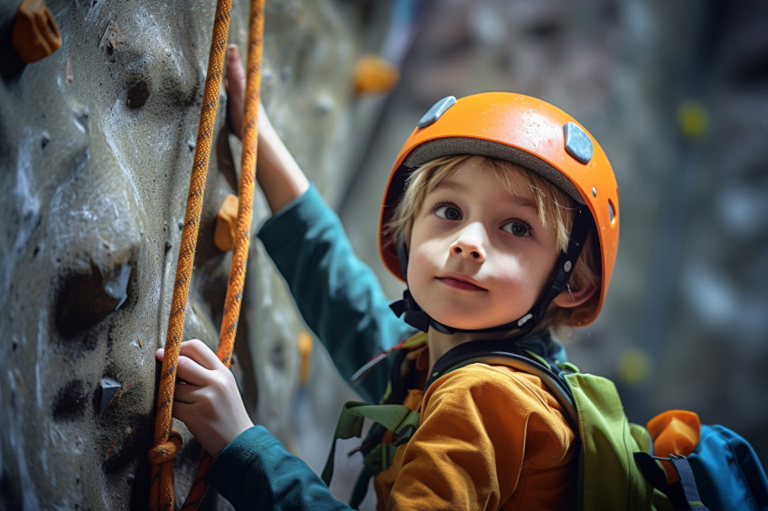 A picture of a young boy climbing a rock wall inside A picture of a young boy climbing a rock wall inside
