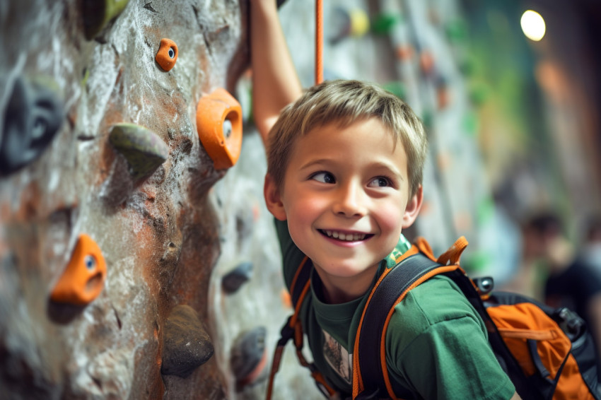 A picture of a young boy climbing a rock wall inside A picture of a young boy climbing a rock wall inside