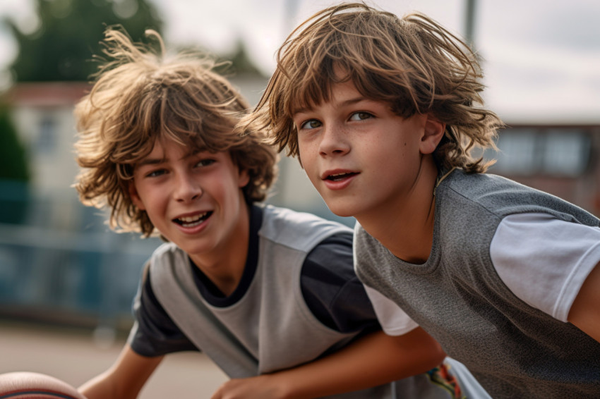 A picture of two boys playing basketball on the court A picture of two boys playing basketball on the court