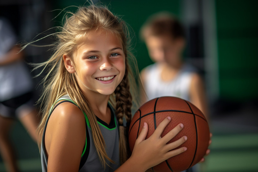 Picture of a happy girl basketball player with the ball she uses in games Picture of a happy girl basketball player with the ball she uses in games