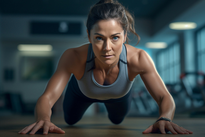 Picture of a woman exercising her arms and chest in the gym Picture of a woman exercising her arms and chest in the gym