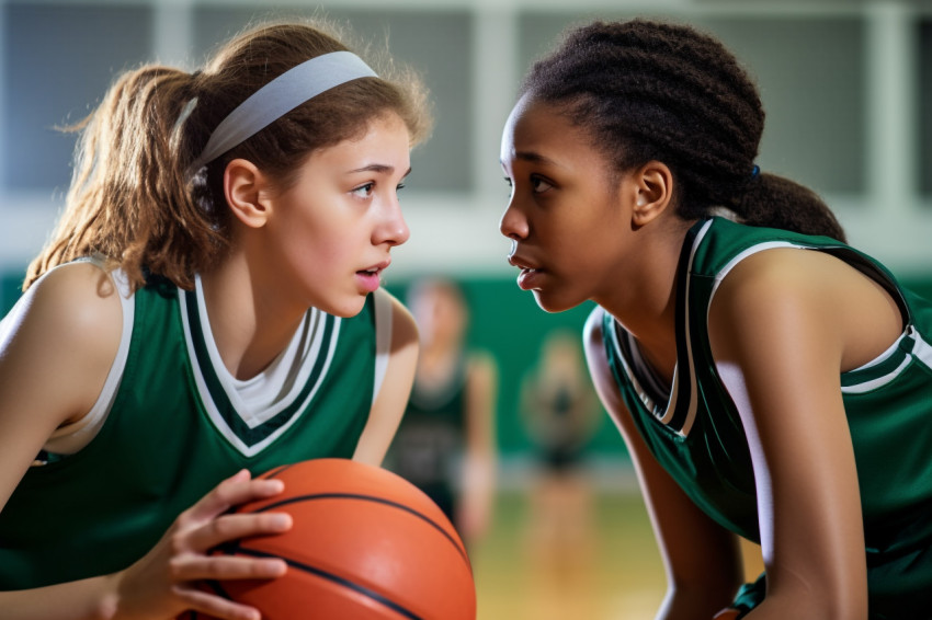 A picture of two female basketball players playing in a school A picture of two female basketball players playing in a school