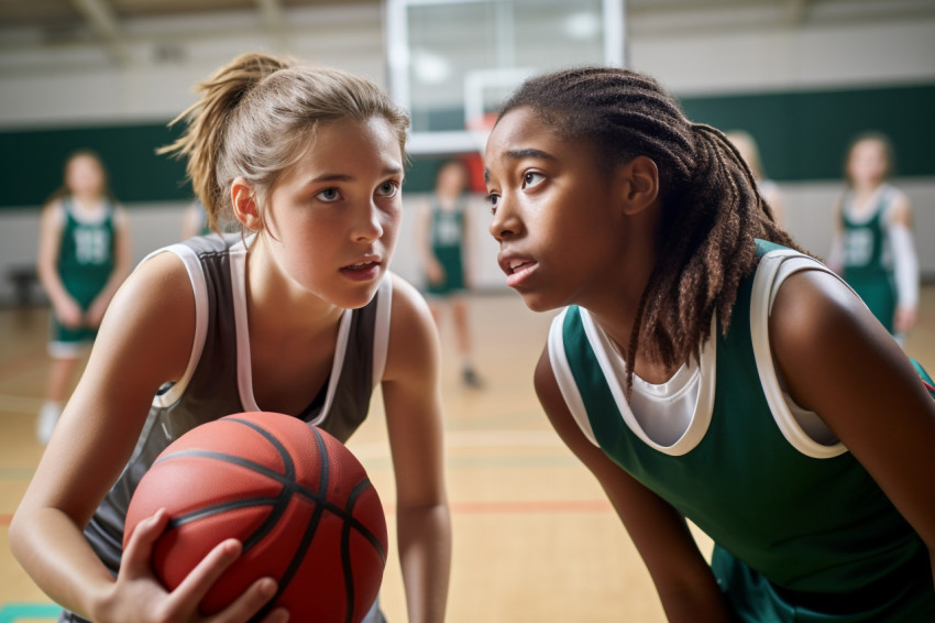A picture of two female basketball players playing in a school A picture of two female basketball players playing in a school