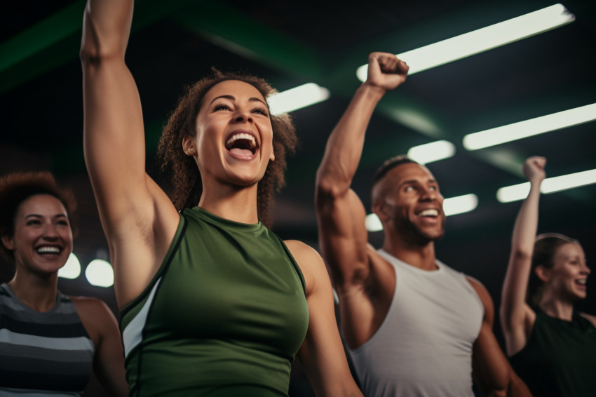 A photo of male and female athletes cheering together on a sports court A photo of male and female athletes cheering together on a sports court