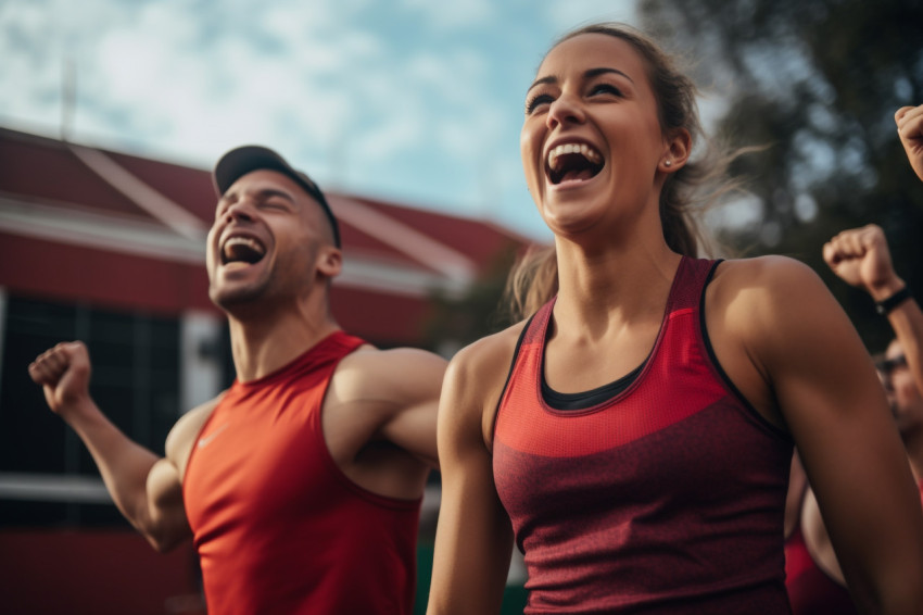 A photo of male and female athletes cheering together on a sports court A photo of male and female athletes cheering together on a sports court