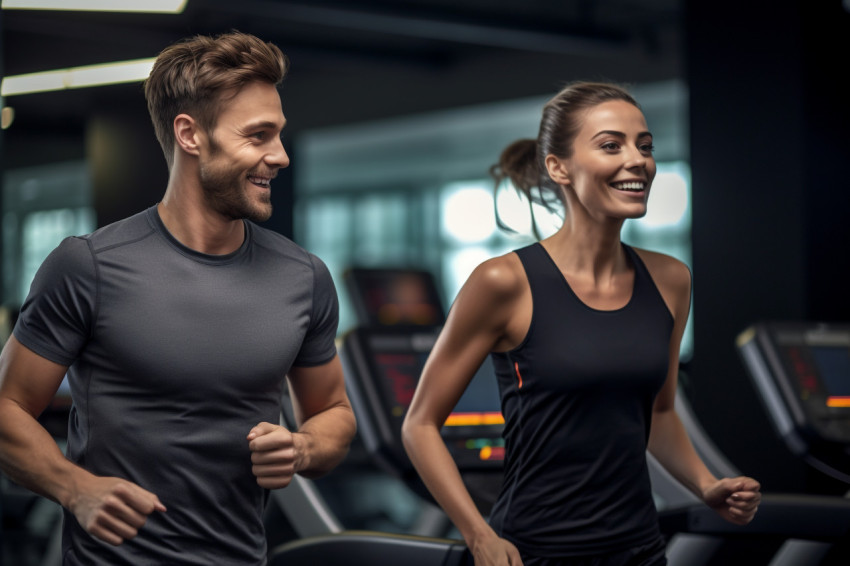 A picture of two young people exercising on a treadmill in a modern gym