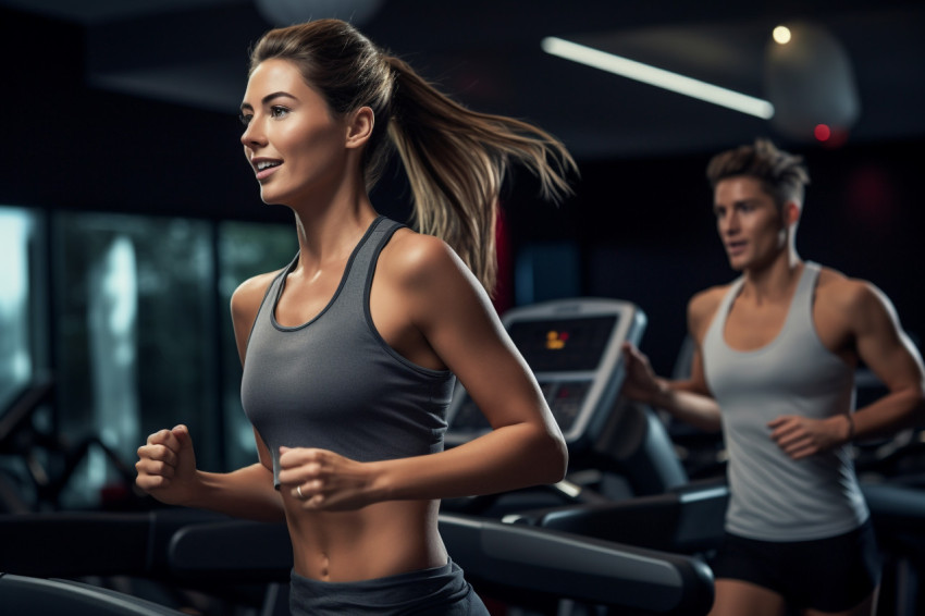 A picture of two young people exercising on a treadmill in a modern gym