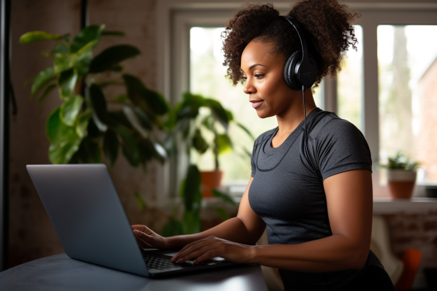 A picture of a black woman exercising at home while watching a fitness video on her laptop A picture of a black woman exercising at home while watching a fitness video on her laptop