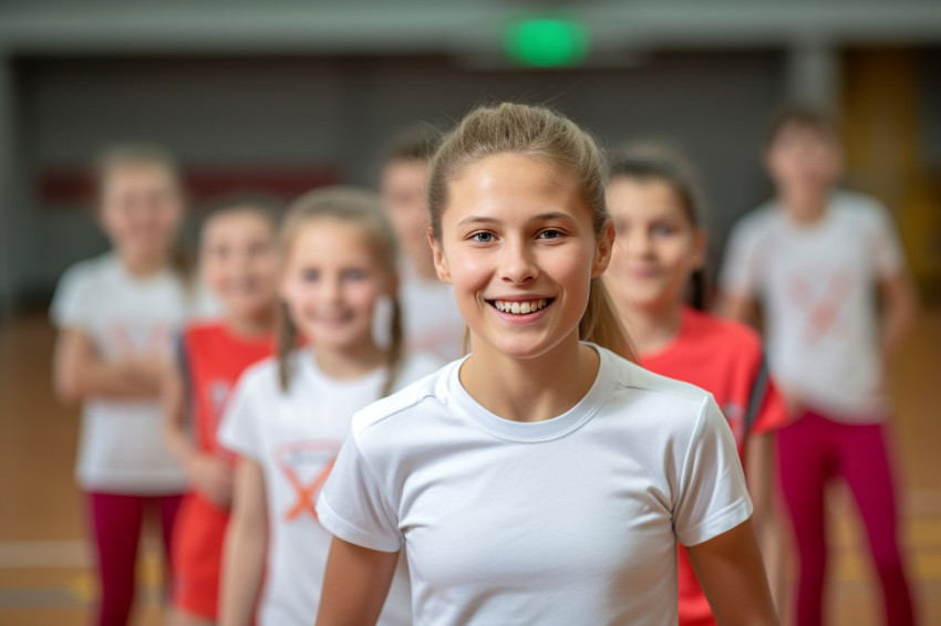 A photo of a smiling young female coach watching the camera while teaching physical education to elementary school students in the school gym