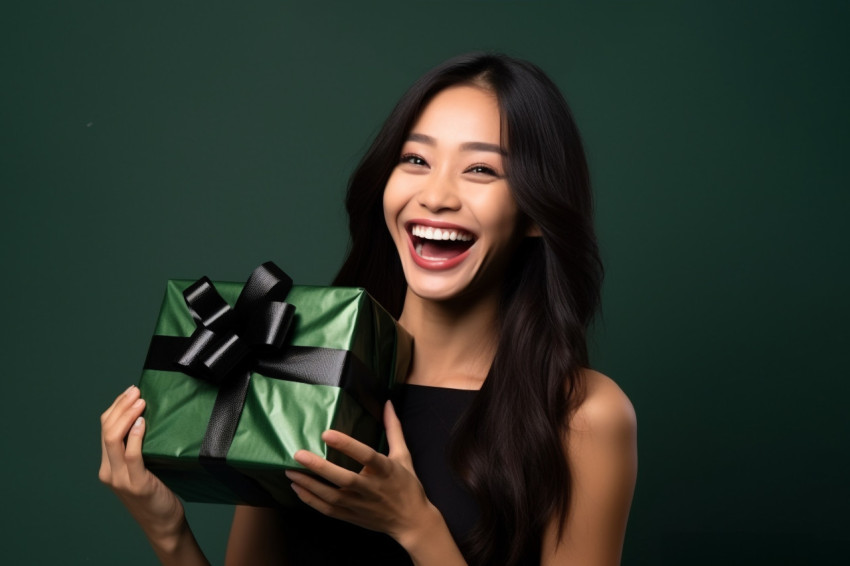 A photo of a happy and beautiful young Asian woman smiling with a black gift box on a green background A photo of a happy and beautiful young Asian woman smiling with a black gift box on a green background