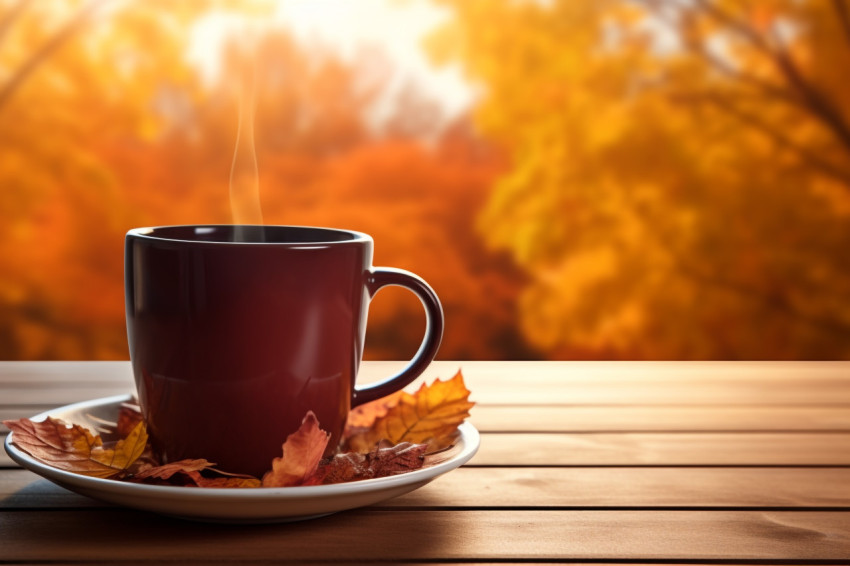 Picture of a coffee mug on a wooden table with autumn leaves in the background Picture of a coffee mug on a wooden table with autumn leaves in the background