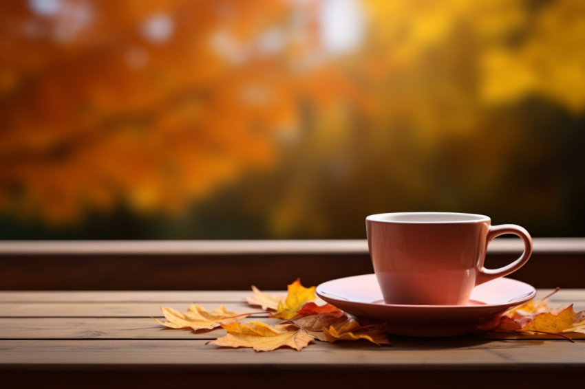 Picture of a coffee mug on a wooden table with autumn leaves in the background Picture of a coffee mug on a wooden table with autumn leaves in the background