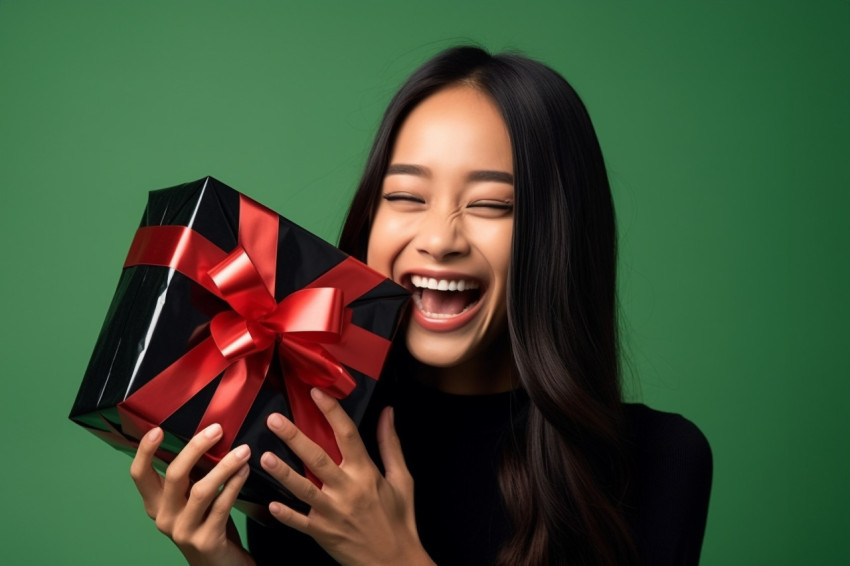 A photo of a happy and beautiful young Asian woman smiling with a black gift box on a green background A photo of a happy and beautiful young Asian woman smiling with a black gift box on a green background