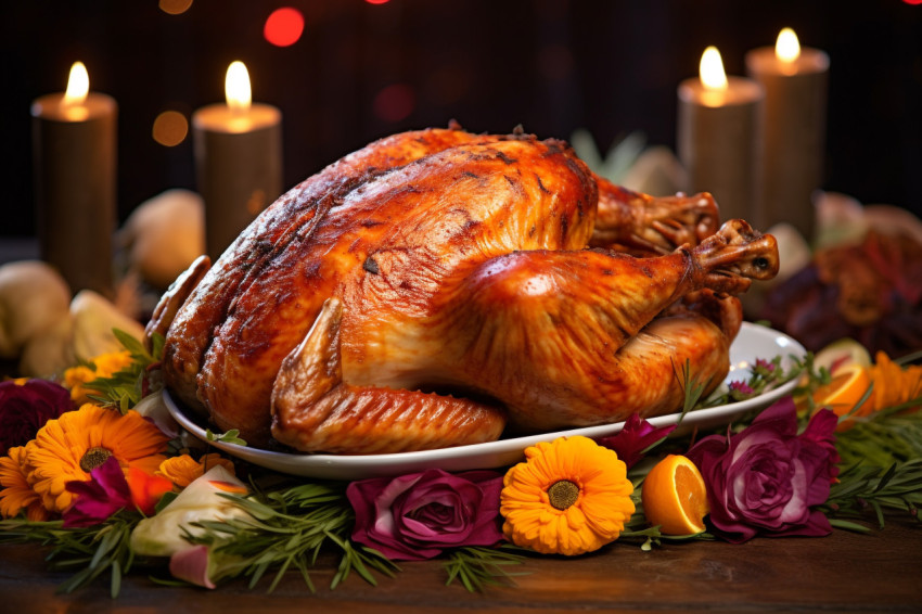A picture of a cooked turkey with cranberries on a wooden table with pumpkins vegetables pie flowers and candles A picture of a cooked turkey with cranberries on a wooden table with pumpkins vegetables pie flowers and candles