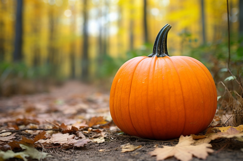 A picture of a small pumpkin in a forest with autumn leaves in the background A picture of a small pumpkin in a forest with autumn leaves in the background