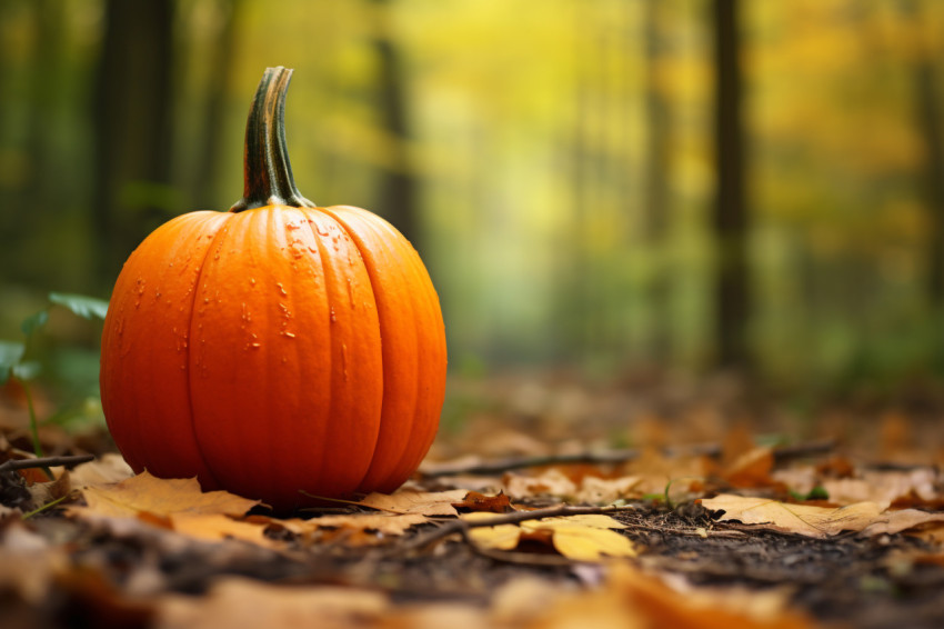 A picture of a small pumpkin in a forest with autumn leaves in the background A picture of a small pumpkin in a forest with autumn leaves in the background
