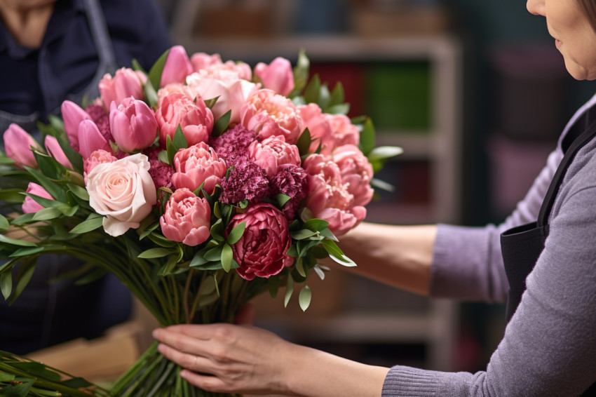 A woman florist hands a bouquet of flowers to a customer A woman florist hands a bouquet of flowers to a customer