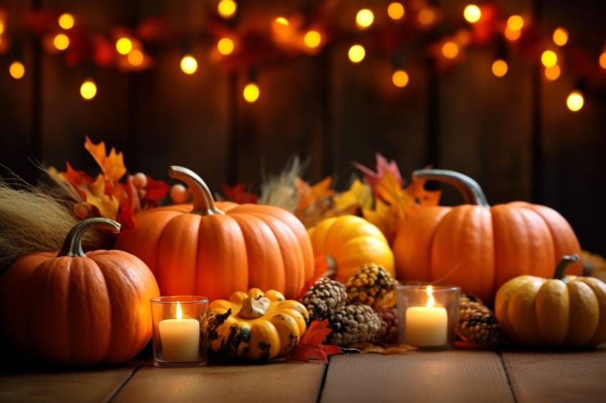 A picture of a Thanksgiving table decorated with pumpkins corn candles and autumn leaves A picture of a Thanksgiving table decorated with pumpkins corn candles and autumn leaves