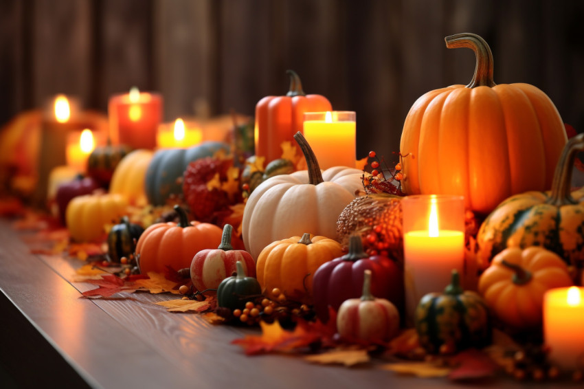 A picture of a Thanksgiving table decorated with pumpkins corn candles and autumn leaves A picture of a Thanksgiving table decorated with pumpkins corn candles and autumn leaves