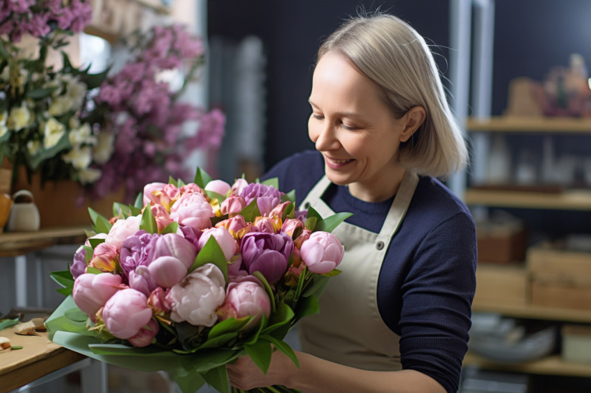 A woman florist hands a bouquet of flowers to a customer A woman florist hands a bouquet of flowers to a customer
