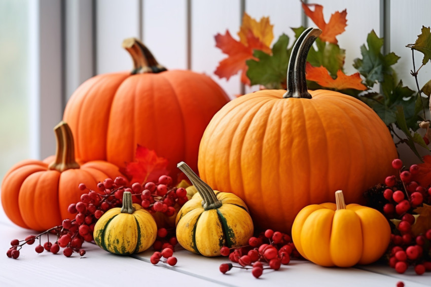 A picture of autumn decorations made with pumpkins berries and leaves on a white wooden table A picture of autumn decorations made with pumpkins berries and leaves on a white wooden table
