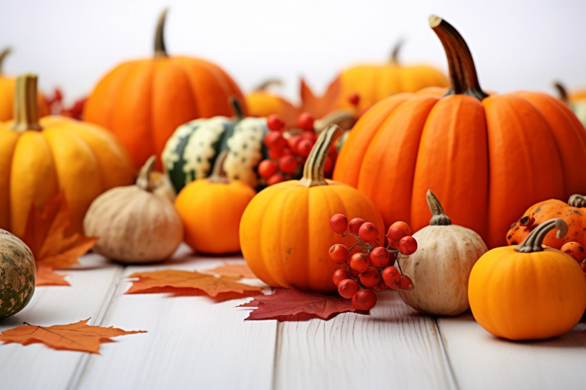 A picture of autumn decorations made with pumpkins berries and leaves on a white wooden table A picture of autumn decorations made with pumpkins berries and leaves on a white wooden table