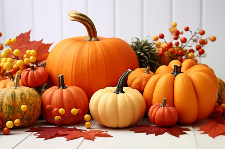 A picture of autumn decorations made with pumpkins berries and leaves on a white wooden table A picture of autumn decorations made with pumpkins berries and leaves on a white wooden table