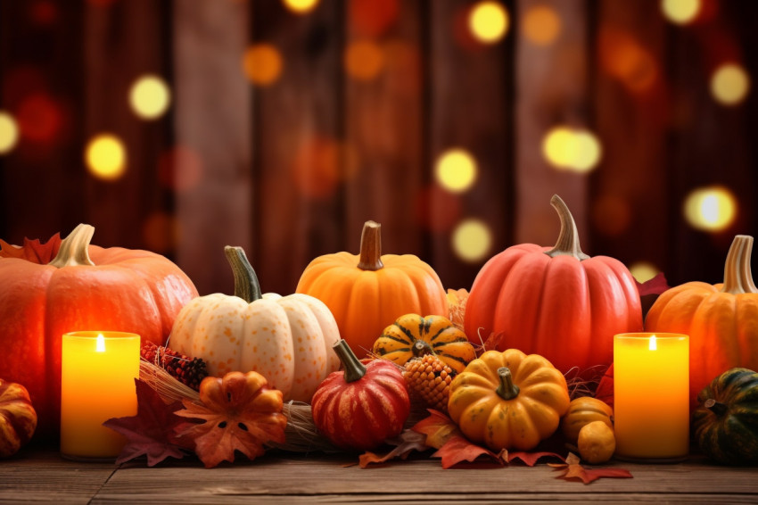 A picture of a Thanksgiving table decorated with pumpkins corn candles and autumn leaves A picture of a Thanksgiving table decorated with pumpkins corn candles and autumn leaves