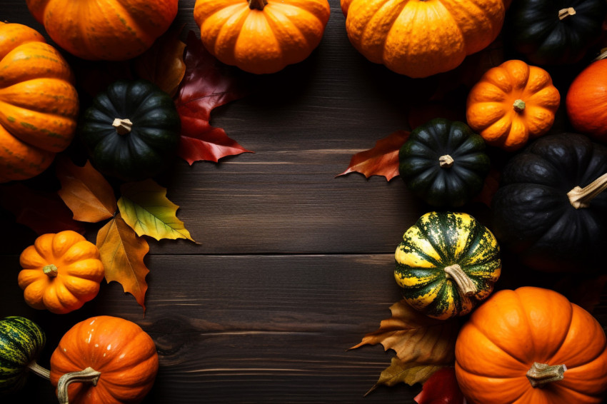 A photo of pumpkins leaves and acorn squash on a dark wood table taken from directly above A photo of pumpkins leaves and acorn squash on a dark wood table taken from directly above