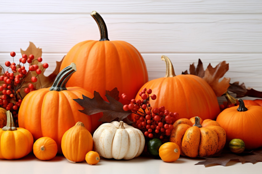 A picture of autumn decorations made with pumpkins berries and leaves on a white wooden table A picture of autumn decorations made with pumpkins berries and leaves on a white wooden table