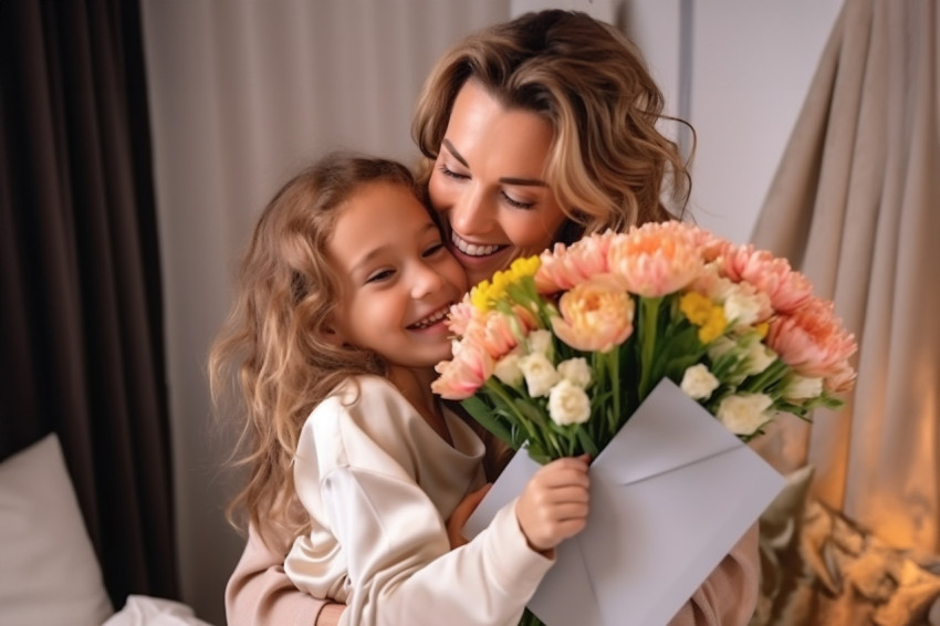 A photo of a happy young mother hugging her little daughter The mother is holding flowers and a postcard A photo of a happy young mother hugging her little daughter The mother is holding flowers and a postcard