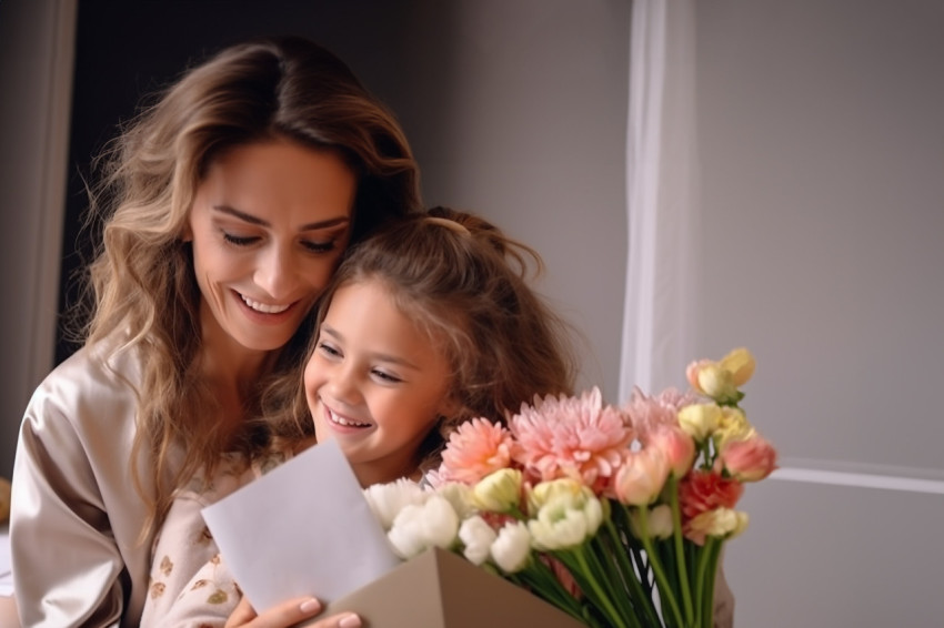 A photo of a happy young mother hugging her little daughter The mother is holding flowers and a postcard A photo of a happy young mother hugging her little daughter The mother is holding flowers and a postcard
