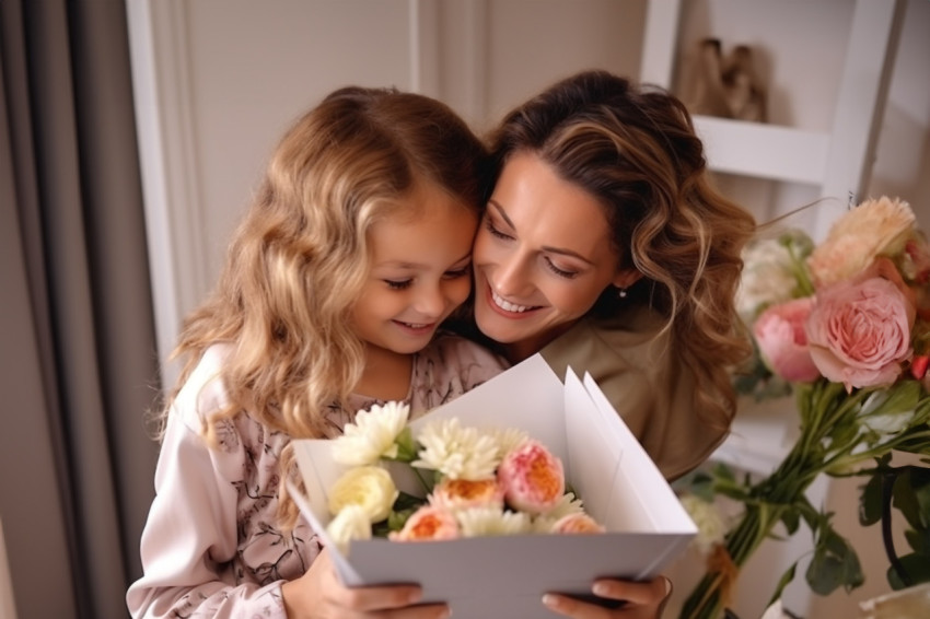 A photo of a happy young mother hugging her little daughter The mother is holding flowers and a postcard A photo of a happy young mother hugging her little daughter The mother is holding flowers and a postcard