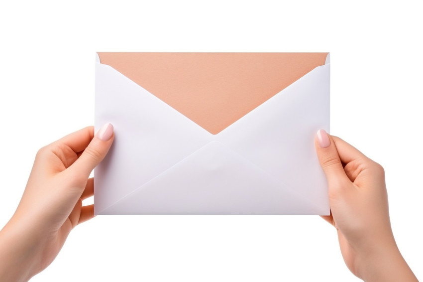 A photo of a pretty womans hand holding a letter and envelope taken in a studio on a white background A photo of a pretty womans hand holding a letter and envelope taken in a studio on a white background