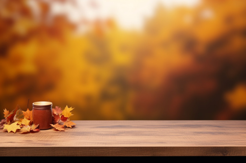 A picture of a desk on an autumn background with space to put your product A picture of a desk on an autumn background with space to put your product