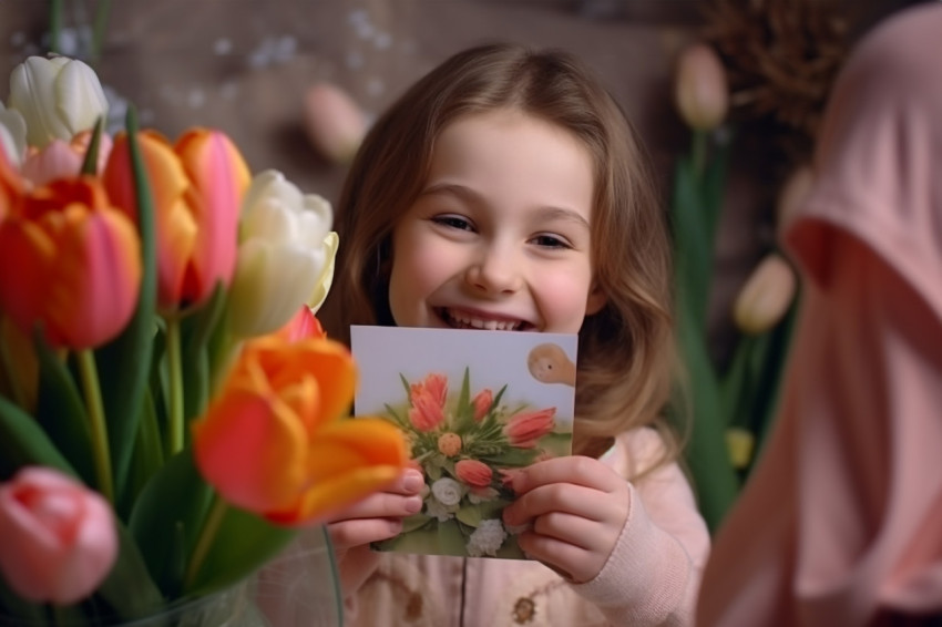 A photo of a little girl giving her mother flowers and a card They are both smiling and hugging A photo of a little girl giving her mother flowers and a card They are both smiling and hugging