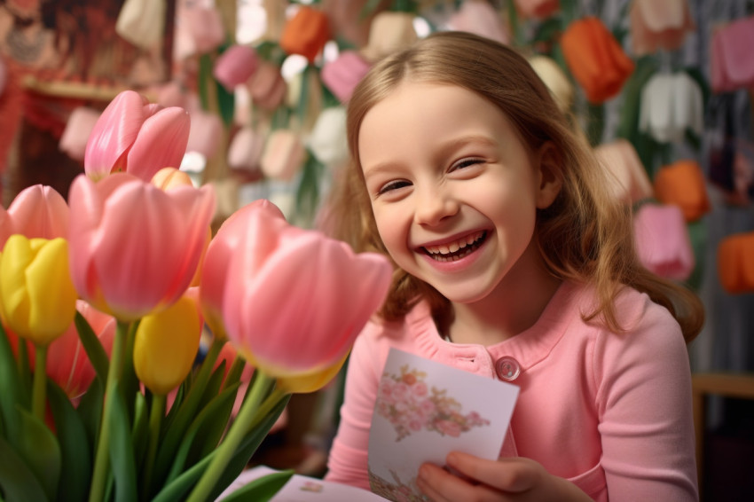 A photo of a little girl giving her mother flowers and a card They are both smiling and hugging A photo of a little girl giving her mother flowers and a card They are both smiling and hugging