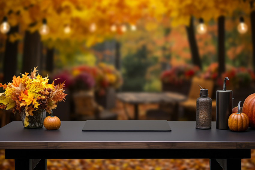 A picture of a desk on an autumn background with space to put your product A picture of a desk on an autumn background with space to put your product