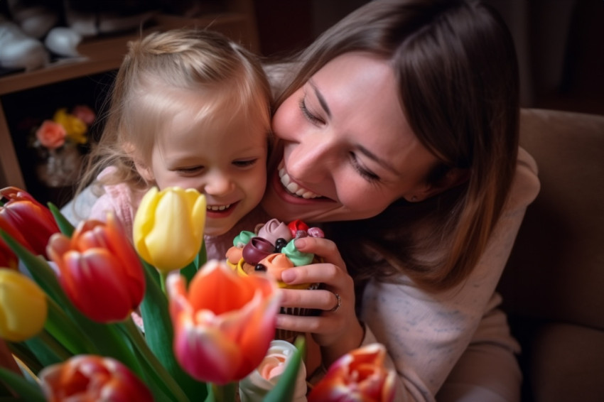 A photo of a little girl giving her mother flowers and a card They are both smiling and hugging A photo of a little girl giving her mother flowers and a card They are both smiling and hugging