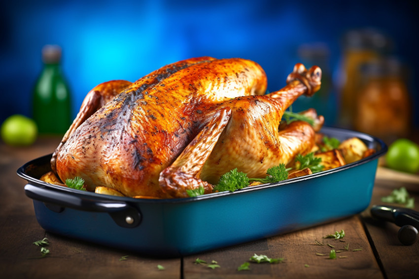 A picture of a whole roasted turkey in a roasting pan on a wooden surface with a green and blue background A picture of a whole roasted turkey in a roasting pan on a wooden surface with a green and blue background