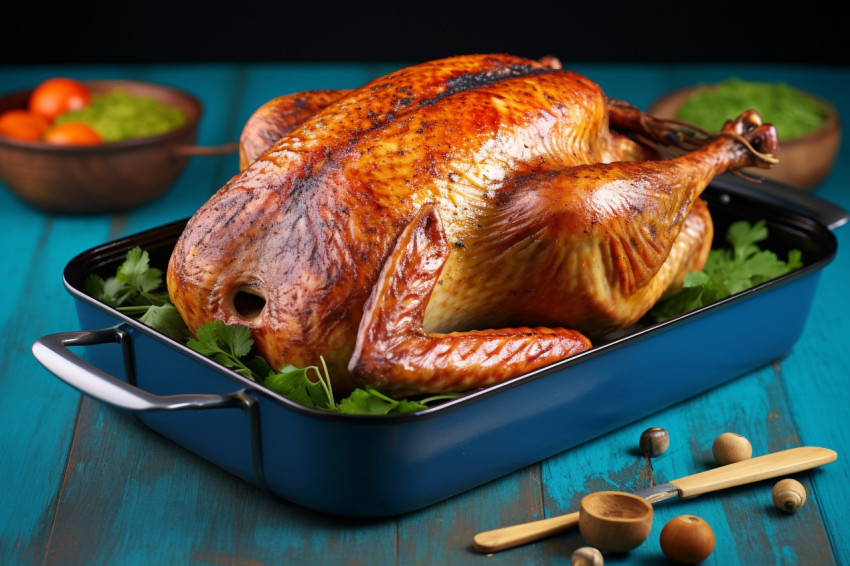A picture of a whole roasted turkey in a roasting pan on a wooden surface with a green and blue background A picture of a whole roasted turkey in a roasting pan on a wooden surface with a green and blue background
